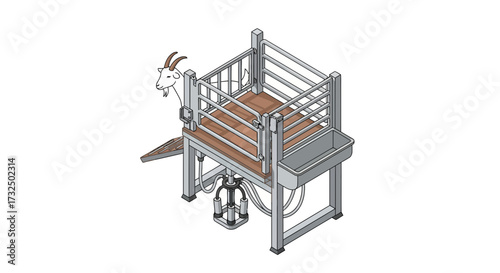 Isometric illustration showcases goat milking station equipment structure