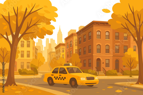 New York City street scene in autumn. Yellow taxi cab driving on a road in a residential area with brownstone buildings. Urban landscape with fall trees and downtown skyline.