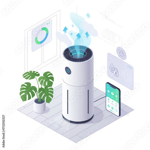 Isometric Smart Air Purifier AI Vector Icon: Modern Home Appliance Controlling Air Quality and Technology via Mobile App