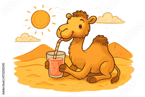 Cute camel character drinking smoothie in the desert. Hot summer concept with sun. Thirsty animal mascot enjoying cold refreshment beverage. Cartoon vector hand drawn illustration.