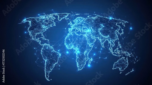 Digital world map illustration depicting global network connections on blue background