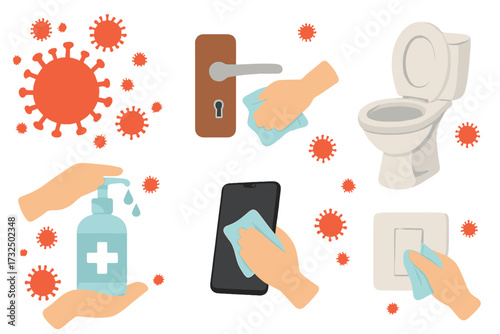 Coronavirus covid-19 virus protection and prevention tips. Hygiene infographic set. Disinfection icons. Hand cleaning door handle, phone, toilet, light switch with a wipe.