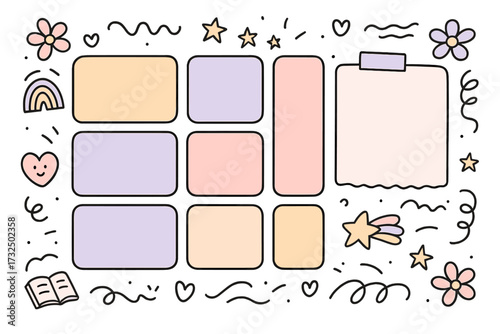 Cute weekly planner template with note paper. Hand drawn doodle school schedule for students. Kawaii organizer for journaling and scrapbooking. Timetable and to do list vector.