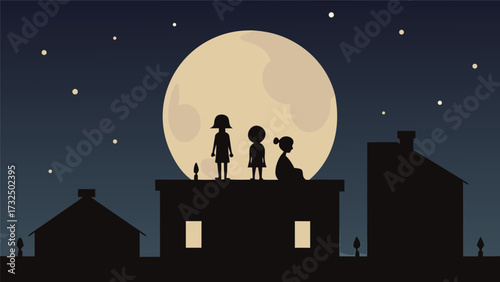 Children on Rooftop Gazing at the Moon and Stars in the Night Sky