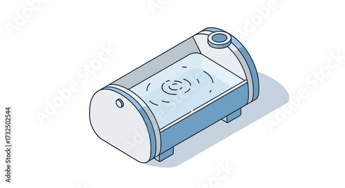 Isometric rendering of a water tank with ripples on a clean background