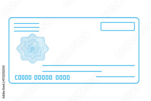 Blank bank check template. Blue business cheque with guilloche pattern. Abstract watermark for security. Financial document background for voucher, gift certificate or banknote.