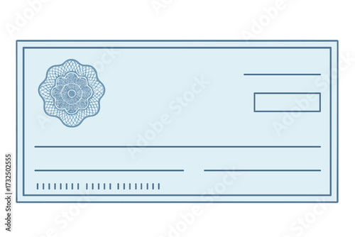 Blank blue business bank check template. Guilloche pattern rosette and abstract watermark. Vector background for voucher, banknote, financial coupon, gift certificate design.