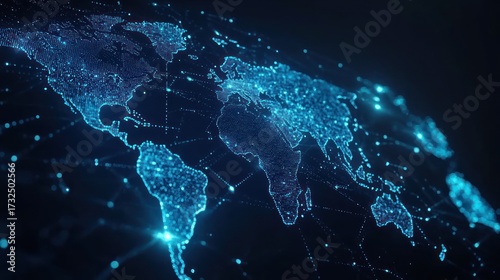Digital world map with illuminated connections and glowing dots on a dark background
