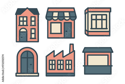 Diverse architectural structures featuring residential houses, commercial shops, and industrial factories in a collection