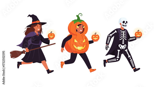 Halloween Costume Parade: A trio of figures, dressed as a witch, pumpkin, and skeleton, gleefully dash forward, each clutching a glowing jack-o'-lantern, embodying the playful spirit of Halloween.