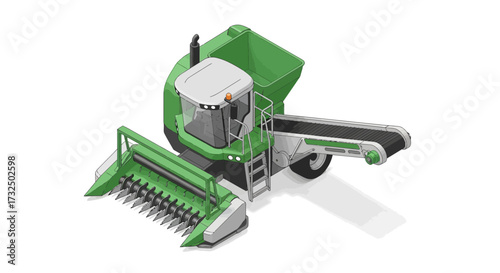 Isometric rendition of an agricultural harvester machine on a white background