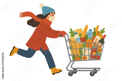 Woman in face mask runs with a full shopping cart. Panic buying and hoarding food at the supermarket during a pandemic. Winter shopping during covid-19 outbreak vector concept.