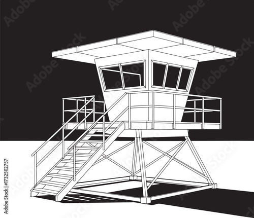 Black and white illustration of modern lifeguard tower with stairs and railings in high contrast setting.
