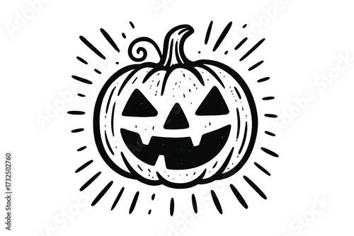 Hand drawn vector jack o lantern illustration. Spooky smiling pumpkin face graphic. Creep it real Halloween concept. Vintage retro woodcut linocut style art for a scary poster.