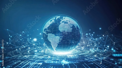 Digital world globe with connecting lines and technology visuals