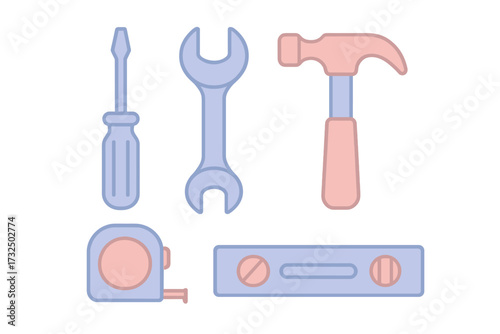 Essential home repair and construction tools including screwdriver wrench hammer tape measure and spirit level