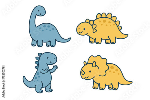 Cute dinosaurs set. Doodle dino characters collection for nursery. Hand drawn vector flat illustration. Brontosaurus, Stegosaurus, T-rex, Triceratops. For kids poster.