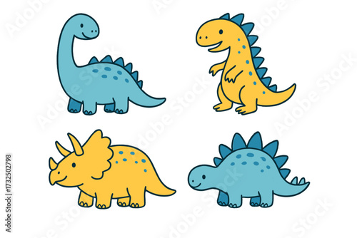 Cute dinosaurs set. Hand drawn doodle dino character collection. Vector flat illustration for nursery posters, cards, kids t-shirts. Funny cartoon prehistoric animal icons.