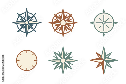 Set of various stylized compass roses in different designs and colors for navigation, travel, and adventure themes