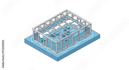 Isometric view of fish farming in a cage, ocean aquaculture illustration