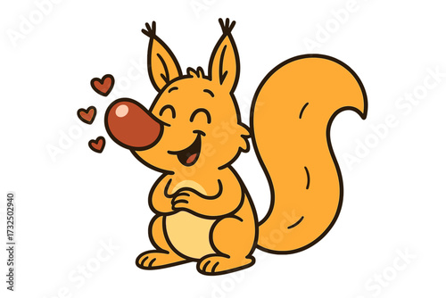 Funny comic squirrel in love. Cute cartoon hand drawn character with hearts. Happy forest animal with big nose. Flat vector illustration for Valentine's day greeting card.