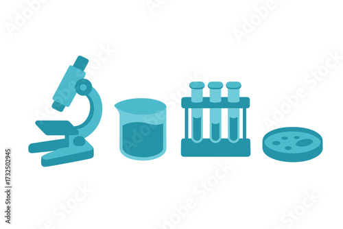 Scientific laboratory equipment collection with microscope, beaker, test tubes, and petri dish for research and experiments