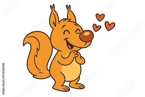 Funny comic squirrel in love. Cute cartoon character, a happy yellow forest animal with hearts. Adorable hand drawn flat vector stock illustration isolated on white background.