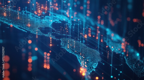 Digital world map illustration with glowing network connections and data streams