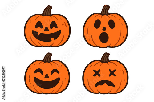 Halloween pumpkins set. Jack o lantern collection with funny, scary, happy, dead faces. Hand drawn vector cartoon illustration. Cute autumn holiday character emoji pack.