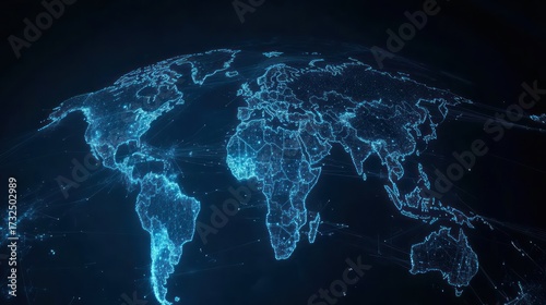 Digital earth map depicting global network connections in futuristic style