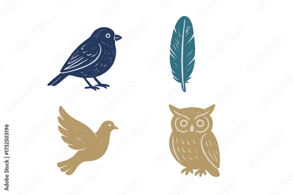 Fototapeta premium Stylized bird species collection with owl, sparrow, dove, and a feather, featuring a decorative textured graphic effect