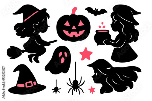 Halloween sticker set with cute witch girl silhouettes. Vector collection of black and pink icons: pumpkin, ghost, bat, spider, cauldron. Girlish design for holiday party.