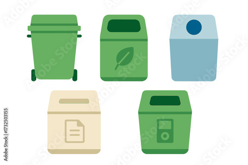 Collection of various recycling and waste bins for environmental conservation and sustainable living practices