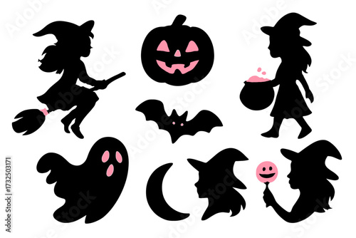 Girlish Halloween sticker set. Witch silhouette vector pack. Cute black and pink icons. Magic girl on broom, cauldron with potion, spooky ghost, bat, pumpkin, moon. Trick or treat.