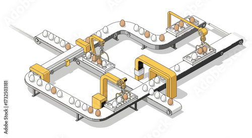 Modern egg production line with robotic arms and conveyor belt system