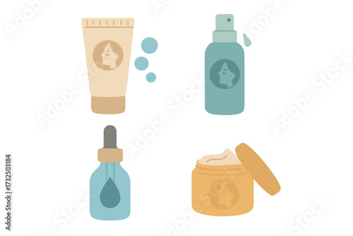 Skincare routine icon set. Four steps of daily face care for beauty. Cleansing foam, toning spray, hydration serum, and nutrition cream. Vector flat cosmetic products icons.