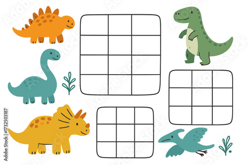 Kids weekly planner with cute dinosaurs. Children's school timetable schedule template. Vector cartoon dino illustration set for elementary school, preschool, or kindergarten.