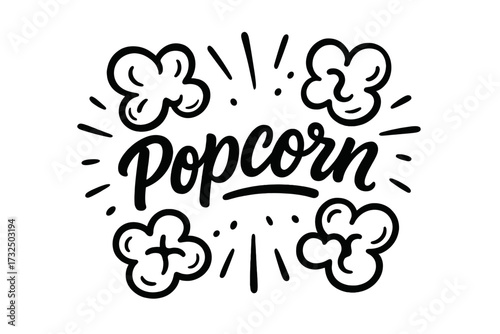 Popcorn hand drawn lettering logo. Calligraphy typography sign for cinema snack food. Popping corn vector illustration. Black and white graphic design sticker for print on pack.