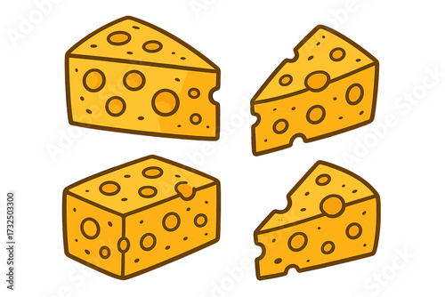 Set of cheese pieces vector illustration. Cartoon doodle style yellow cheese with holes. Swiss or Emmental cheese wedge and block. Dairy food, milk product icon collection isolated.