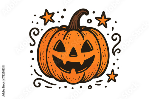 Hand drawn Halloween pumpkin vector illustration. Spooky jack o'lantern face for scary party poster. Cute autumn holiday cartoon drawing. Vintage october celebration print design.