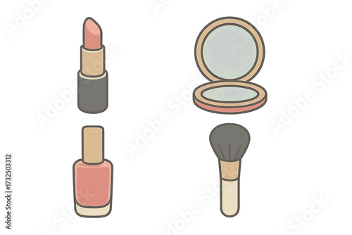Collection of essential beauty products including lipstick, compact mirror, nail polish, and makeup brush