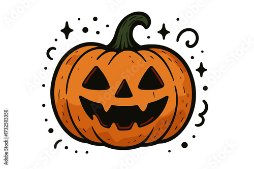 Halloween pumpkin vector illustration. Cute spooky jack o lantern cartoon graphic. Hand drawn scary smiling face for autumn holiday party. October festival decoration icon.