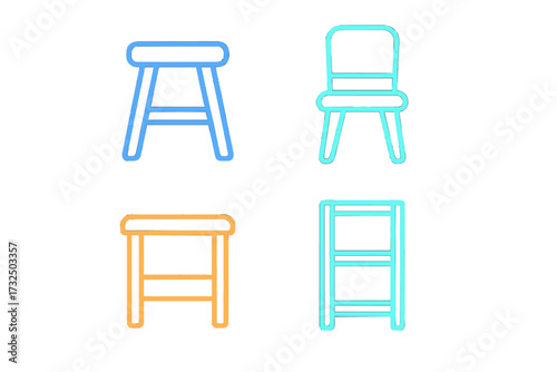 Modern minimalist outline furniture showing various seating options like stools and chairs alongside practical storage units