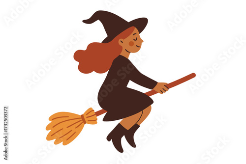 Queen of Halloween. Cute witch flying on a broomstick vector flat illustration. Pretty magical girl in costume for spooky party. Character design for sticker, print or poster.