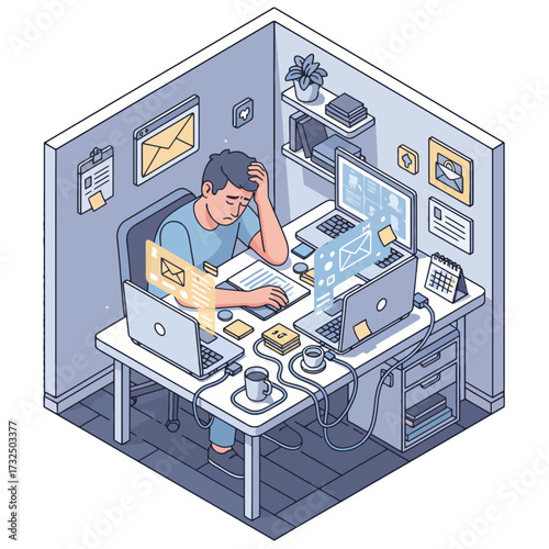 screen time addiction vector.aiOverwhelmed Employee Working from Home: Desk Job Burnout and Remote Work Stress Icon