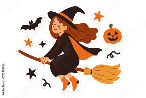 Queen of Halloween sticker set. Cute witch on a broomstick with a bat and pumpkin. Vector flat hand drawn illustration for social media content, poster, and t-shirt print.