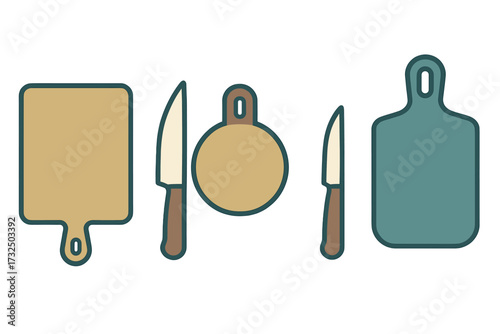 Essential kitchen tools including various shaped cutting boards and sharp utility knives for cooking and food preparation