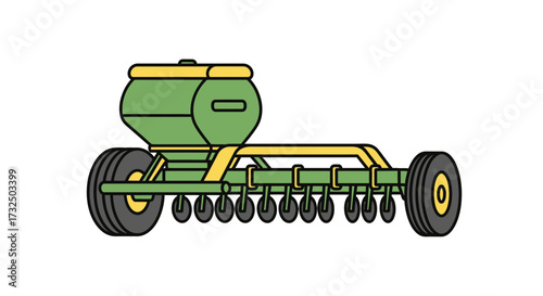 Simplified depiction of a green farm seeder with yellow accents and tires
