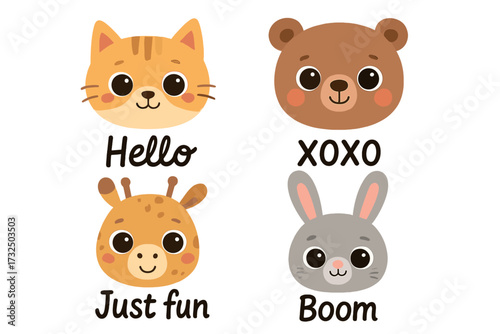 Set of cute cartoon animal faces with lettering quotes. Kawaii cat, bear, giraffe, rabbit heads. Vector illustration for nursery prints, kids t-shirt design, stickers.