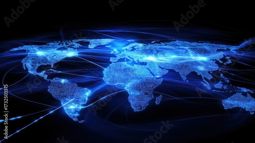 Global network connections map with digital data transfer across continents